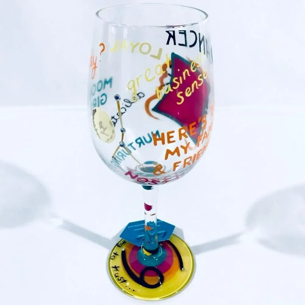 NWT Gorgeous Lolita Love My Sign Cancer 15oz Hand Painted Wine Glass Gift Set